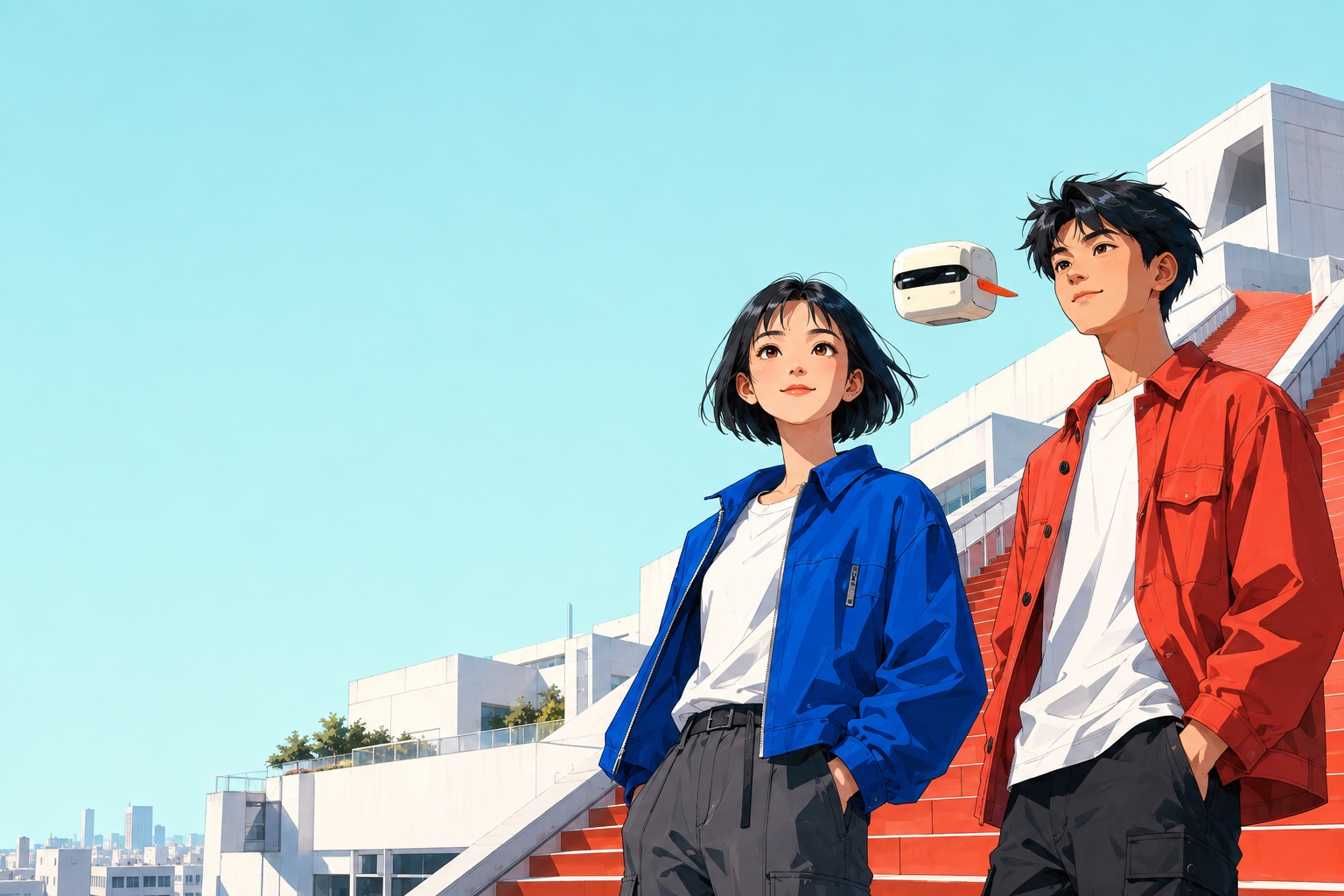 原创动漫场景：两位少年与Spark伙伴，在阳光下的校园望向新的方向。